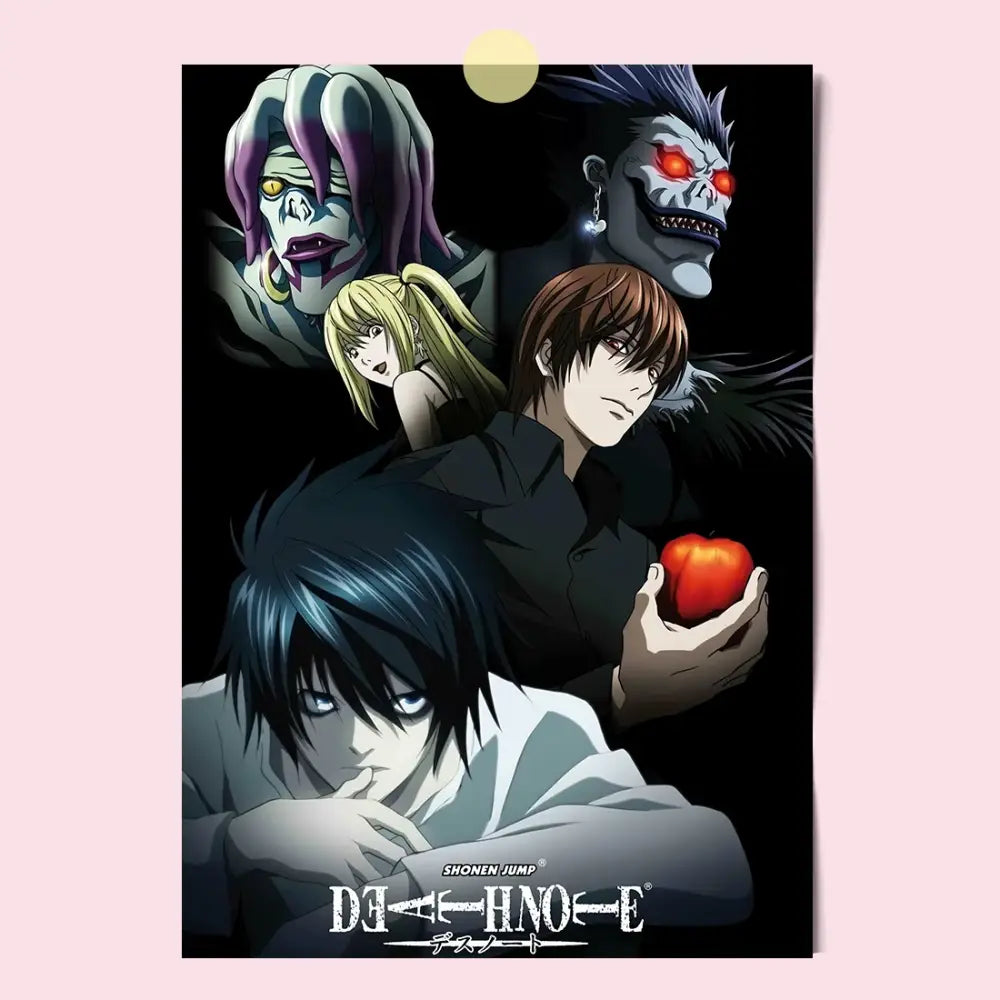 Dark-themed death note canvas wall art featuring light l l misa characters and a red apple hd print design