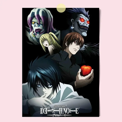 Dark-themed death note canvas wall art featuring light l l misa characters and a red apple hd print design