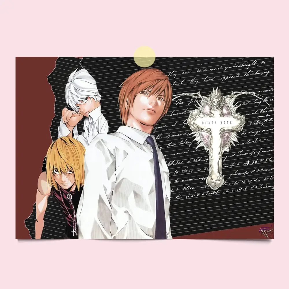 Death note light l and misa canvas wall art features a white and silver ornate death note with glowing eyes on black background