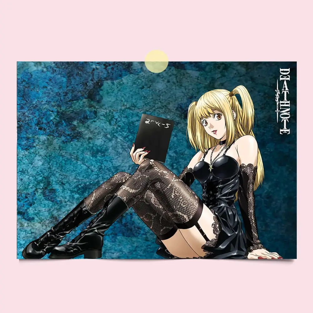 Death note canvas wall art featuring a blonde anime character in black lace corset fishnet stockings and thigh-high boots