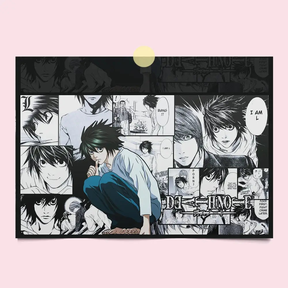 Black and white death note canvas wall art featuring light yagami in manga panels for stylish wall art décor