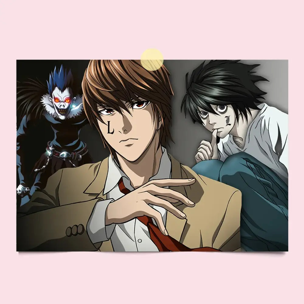 Anime style death note canvas wall art featuring light in beige suit with red tie flanked by l and misa in dark and white shirts