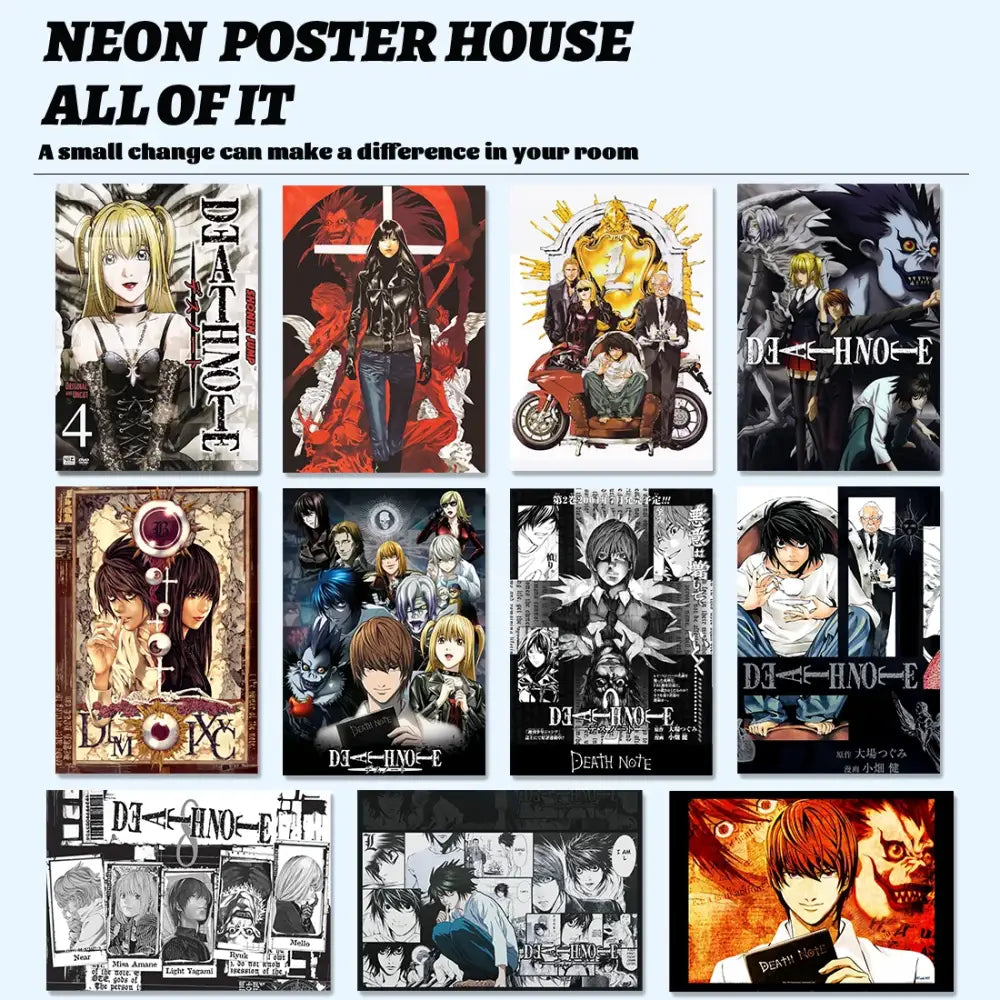 Neon poster house death note canvas wall art featuring eight vibrant and monochrome prints of Light L and Misa