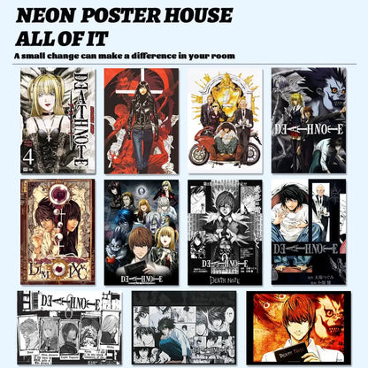 Neon poster house death note canvas wall art featuring eight vibrant and monochrome prints of Light L and Misa