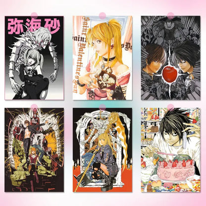 Set of six anime-themed death note canvas wall art posters featuring light l lawliet misa in hd print