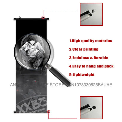 Black and white death note wall scroll featuring detailed light yagami illustration on high-quality fabric with hanging hardware