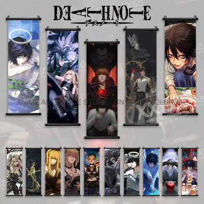 Set of death note anime wall scrolls featuring light and ryuk printed on fabric with black metal hanging rods for home decor
