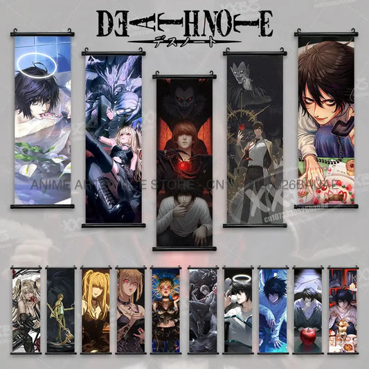 Set of death note anime wall scrolls featuring light and ryuk printed on fabric with black metal hanging rods for home decor