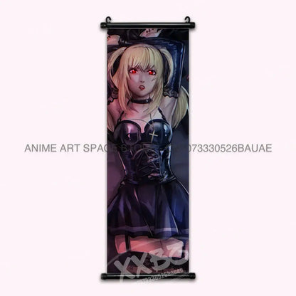 Death note light ryuk wall scroll featuring a blonde corset character in black and purple anime design for home decor