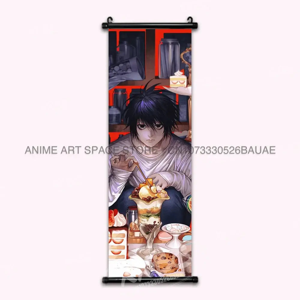 Death Note light ryuk wall scroll featuring dark-haired character with pale skin eating dessert in illustrated style