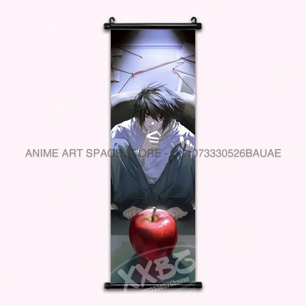 Death note light ryuk wall scroll featuring dark hair character in white shirt with red apple printed on fabric for home decor