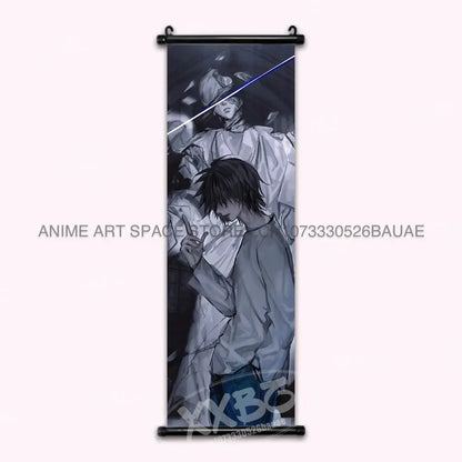 Death note light ryuk wall scroll featuring black and white anime art on a black roller frame for home decor