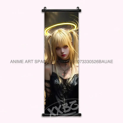 Black vinyl death note light ryuk wall scroll featuring an anime girl with blonde pigtails and glowing golden halo