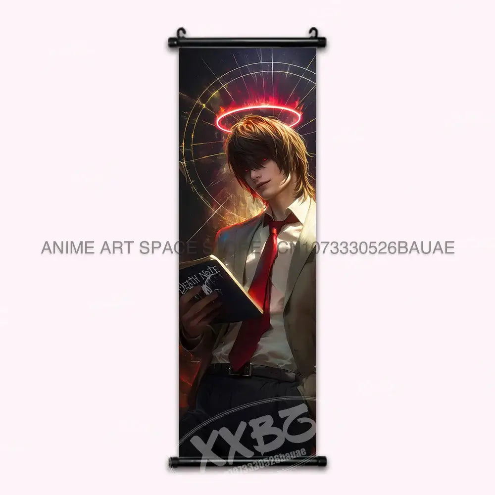 Death note light ryuk wall scroll featuring brown-haired character with book and red halo on dark background home decor print