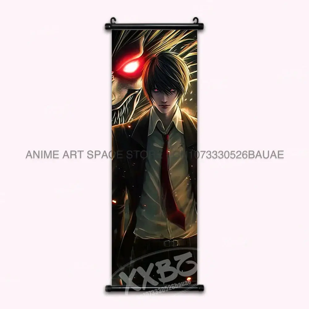 Death note light ryuk wall scroll featuring a young man with dark hair and red eyes in a formal suit for home decor