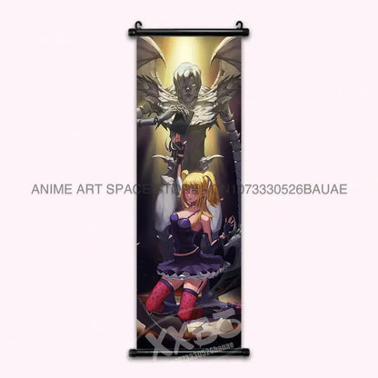 Death note light ryuk wall scroll featuring a dramatic skeletal figure and blonde girl in purple for home decor print