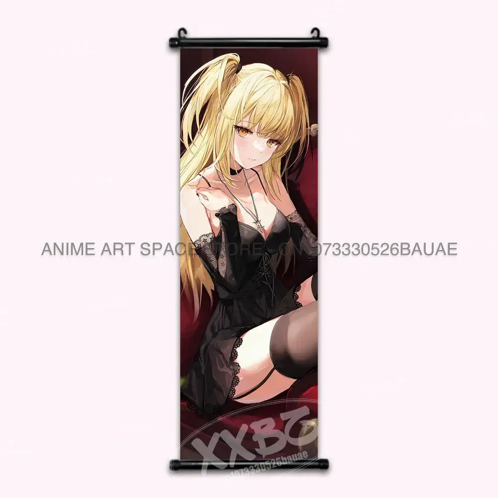 Black lace-accented anime character wall scroll with blonde figure in black corset and stockings death note light ryuk wall scroll