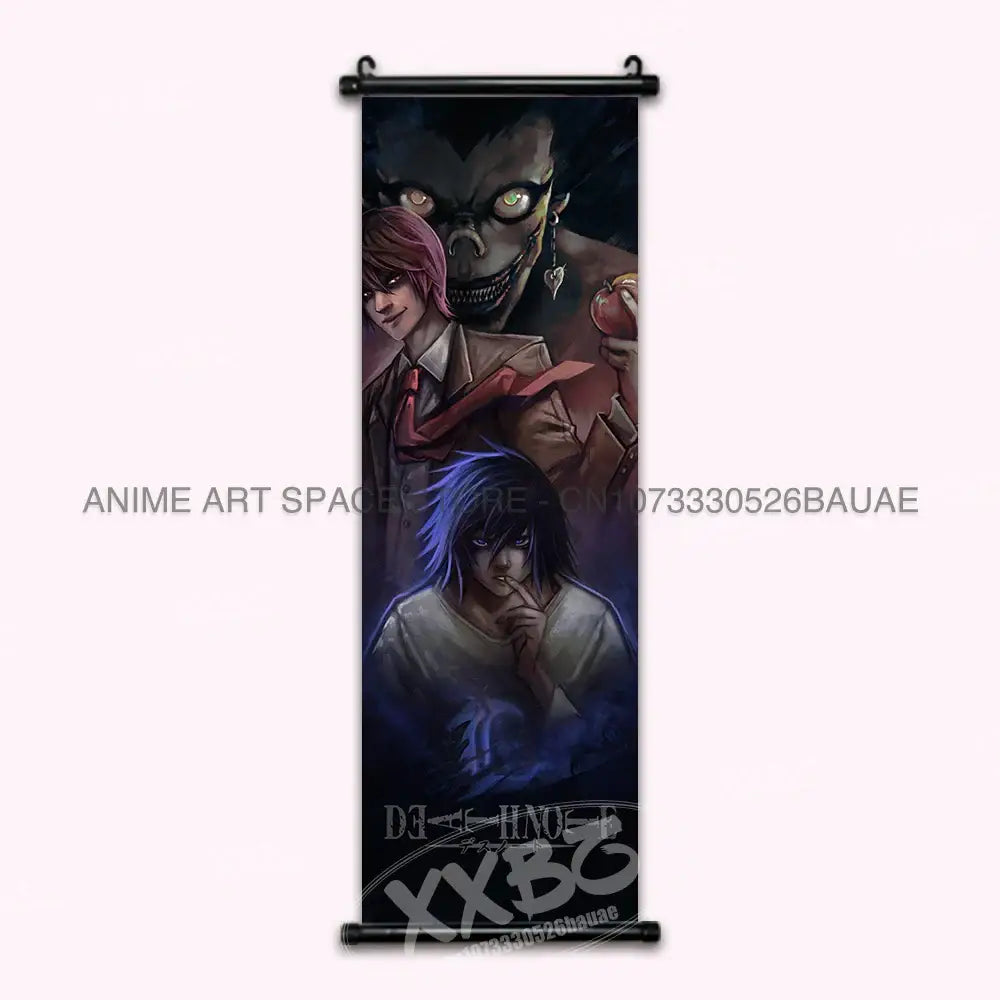 Death note light ryuk wall scroll featuring a black fabric print with anime characters including the skeletal reaper and two humans