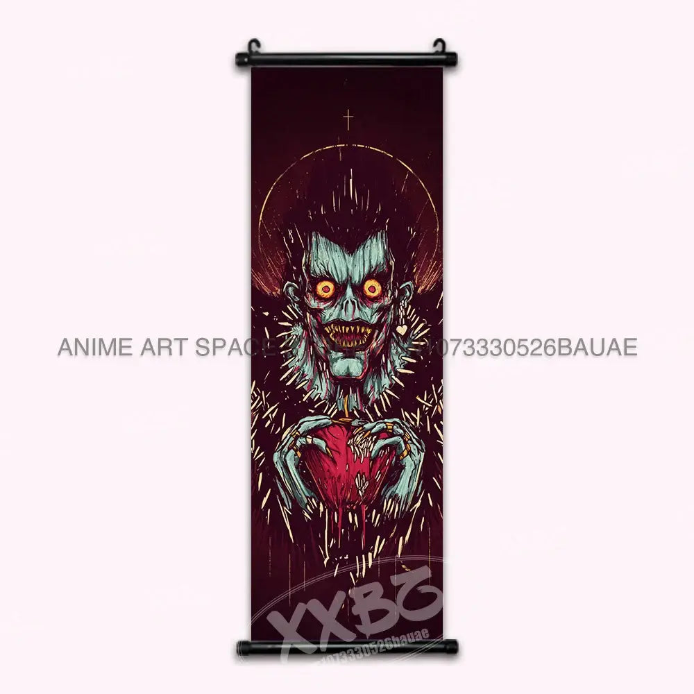 Dark red death note light ryuk wall scroll featuring anime character with glowing eyes holding a bleeding heart