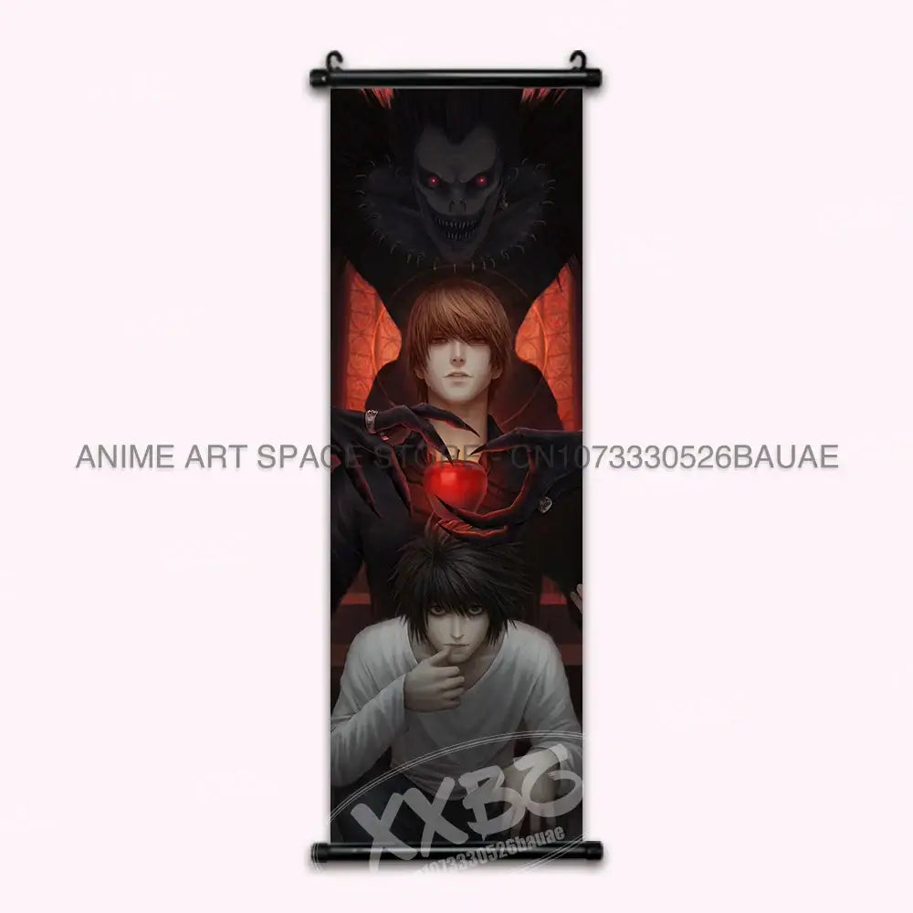 Death note light ryuk wall scroll featuring black dramatic design with characters and red glowing eyes for home decor