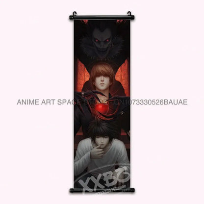 Death note light ryuk wall scroll featuring black dramatic design with characters and red glowing eyes for home decor