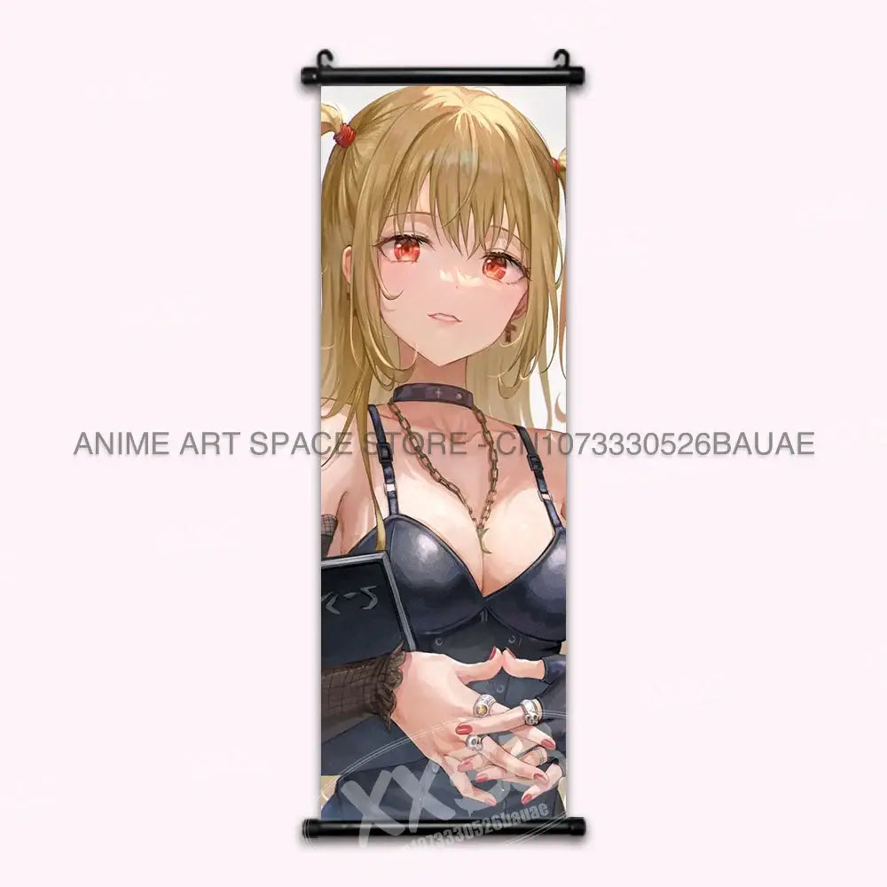 Black leather-like death note wall scroll featuring a blonde girl with red eyes and twin ponytails for home decor