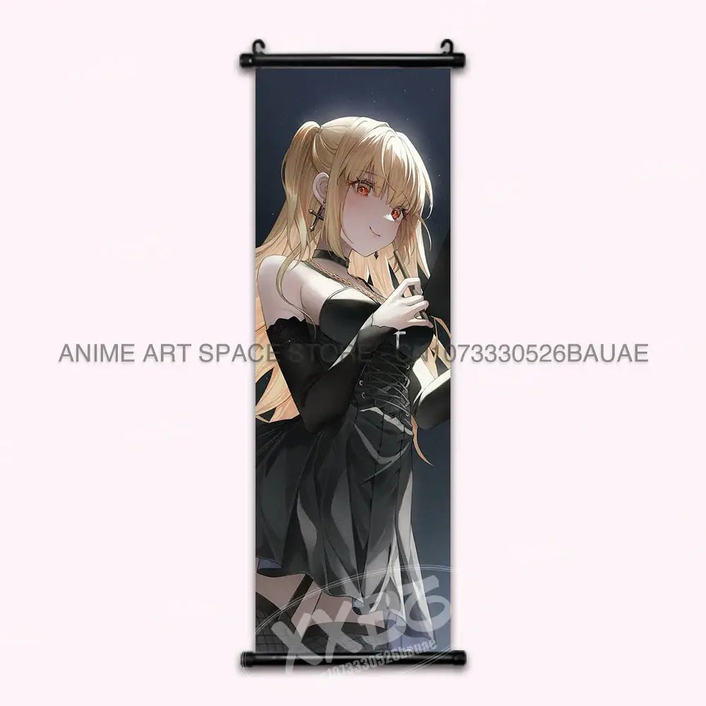 Black and gold death note wall scroll featuring a blonde girl in an elegant black dress with lace-up details light ryuk wall
