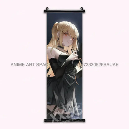 Black and gold death note wall scroll featuring a blonde girl in an elegant black dress with lace-up details light ryuk wall