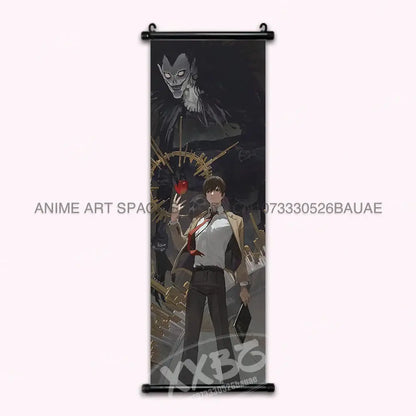 Black and gray death note light ryuk wall scroll featuring light in formal attire holding an apple with ryuk behind