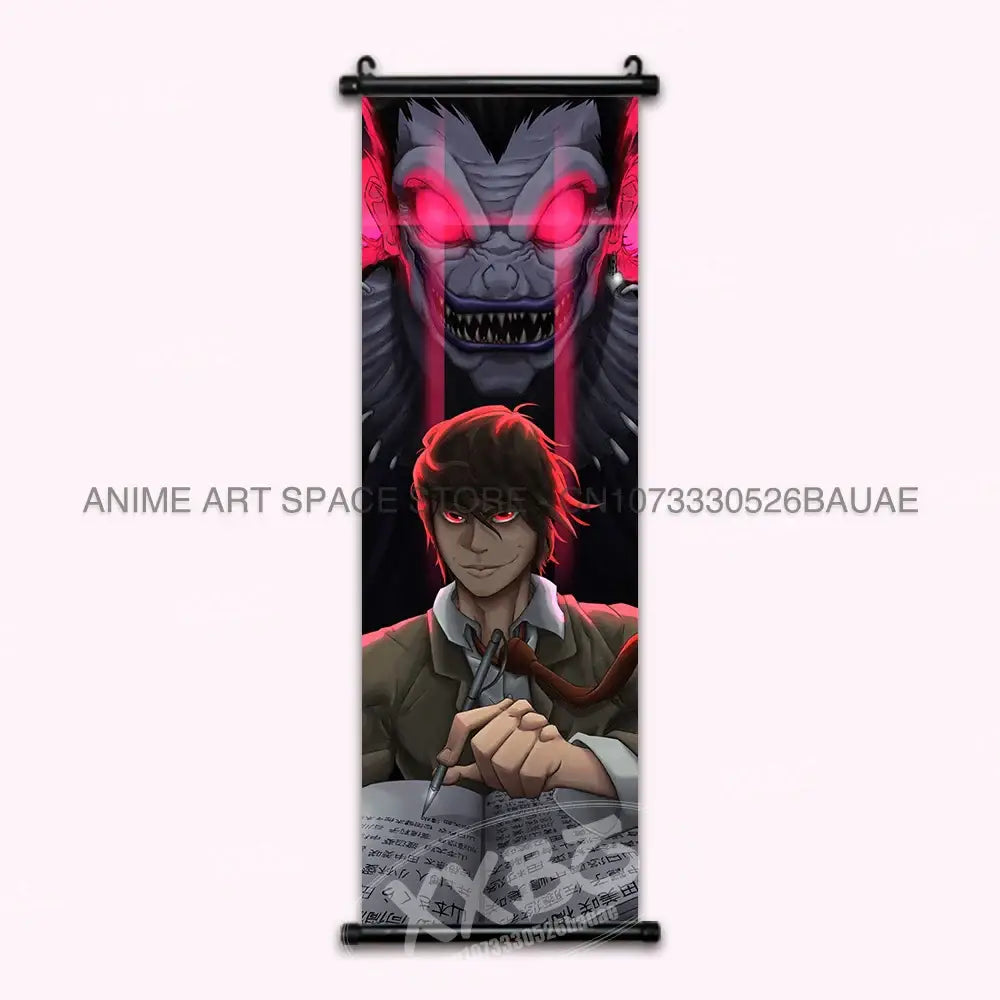 Death note light ryuk wall scroll featuring gray demon with red eyes above character in brown coat printed on fabric