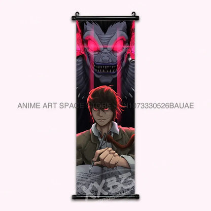 Death note light ryuk wall scroll featuring gray demon with red eyes above character in brown coat printed on fabric