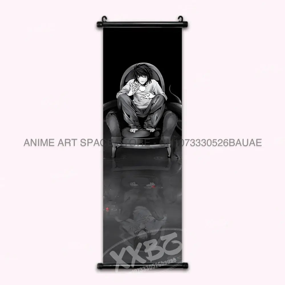 Black-and-white death note light ryuk wall scroll featuring a seated figure on an ornate chair in a roll-up frame
