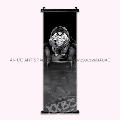 Black-and-white death note light ryuk wall scroll featuring a seated figure on an ornate chair in a roll-up frame