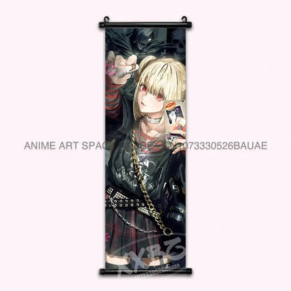 Black and silver death note wall scroll featuring a blonde gothic girl holding a phone in home decor print