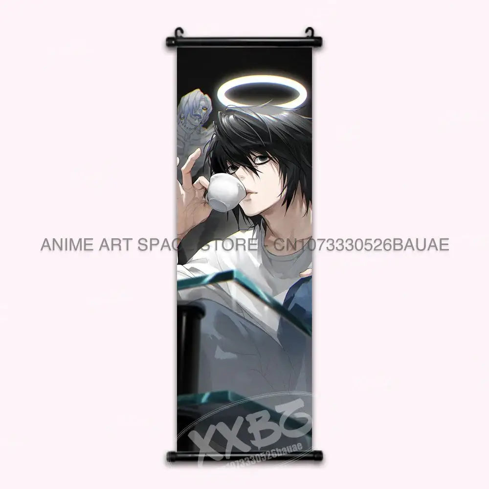 Black and white death note wall scroll featuring light with dark hair and halo holding a white cup home decor print