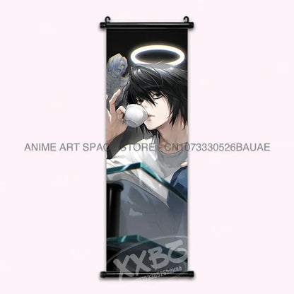 Black and white death note wall scroll featuring light with dark hair and halo holding a white cup home decor print