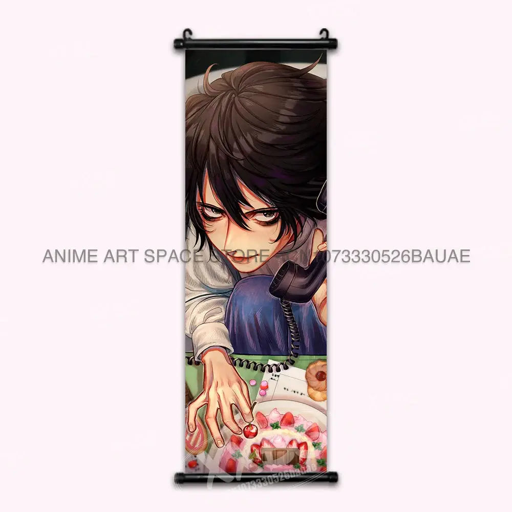 Anime style death note wall scroll featuring light in a white hoodie holding a phone and reaching for a strawberry dessert