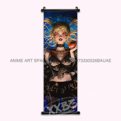 Black and gold death note wall scroll featuring blonde hair light with red eyes holding an apple for home decor