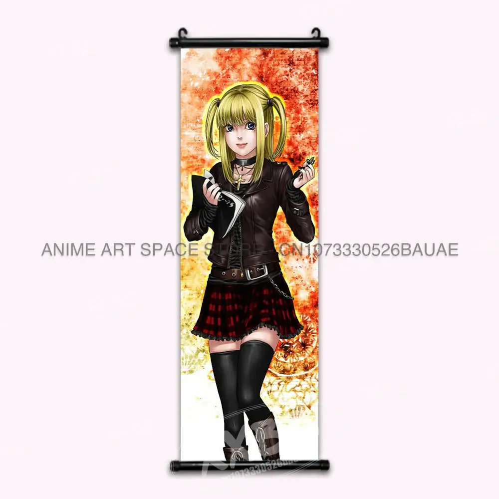 Vertical scroll wall scroll featuring death note anime character light with blonde pigtails in black jacket and red skirt