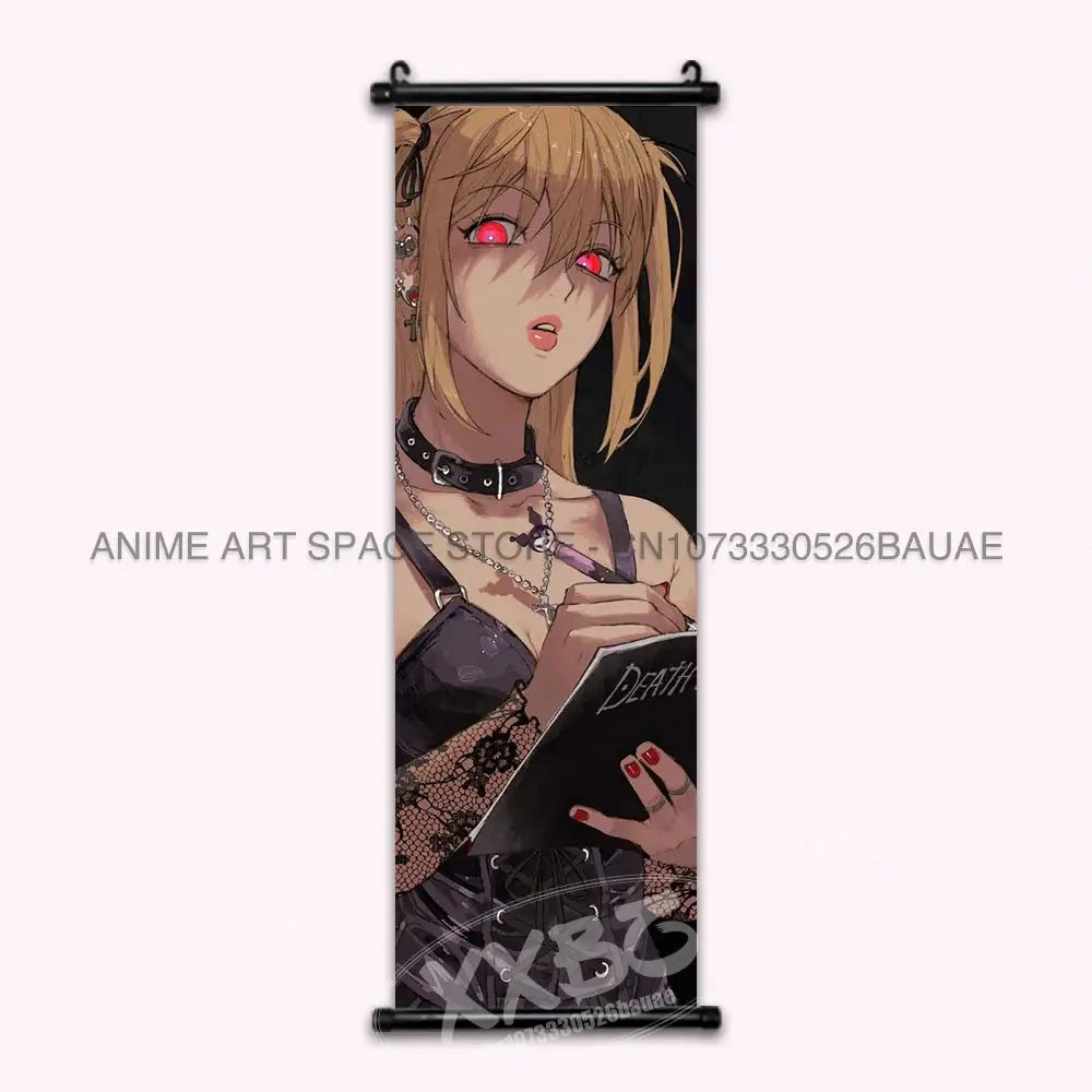 Black death note wall scroll featuring blonde light with red eyes in black lace and leather accessories home decor print