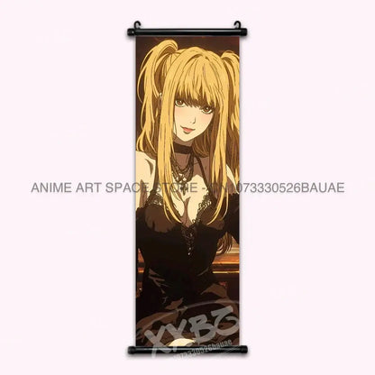 Death note light ryuk wall scroll featuring a vertically hanging anime character with long blonde hair in dark attire