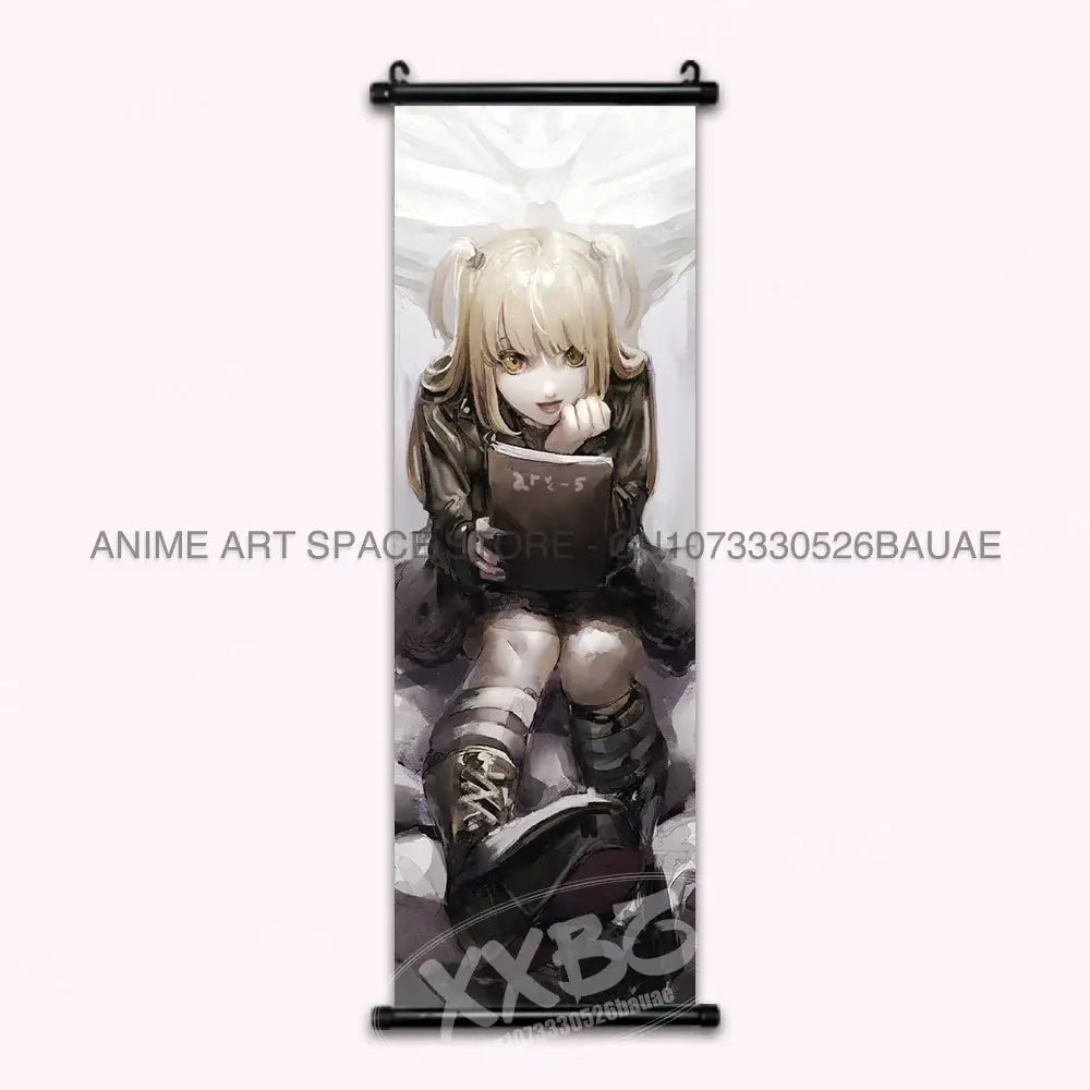 Death note light ryuk wall scroll featuring anime blonde girl with pigtails holding book in dark clothing and boots
