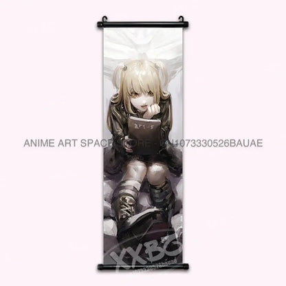 Death note light ryuk wall scroll featuring anime blonde girl with pigtails holding book in dark clothing and boots