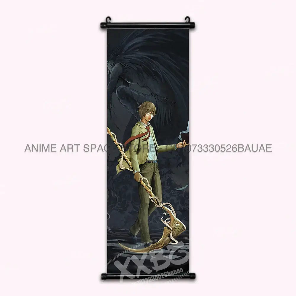 Dark-themed death note wall scroll featuring light in green attire holding a scythe with ryuk design home decor print