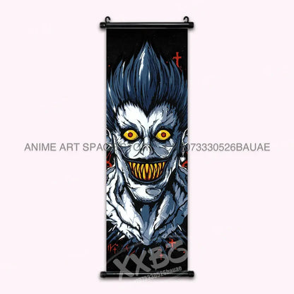 Black and white death note wall scroll featuring a menacing light ryuk character with spiky blue hair and glowing eyes