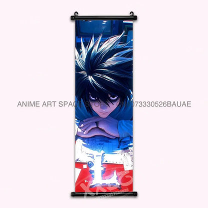 Death note light ryuk wall scroll featuring blue and red anime characters with spiky black hair and blue outfit