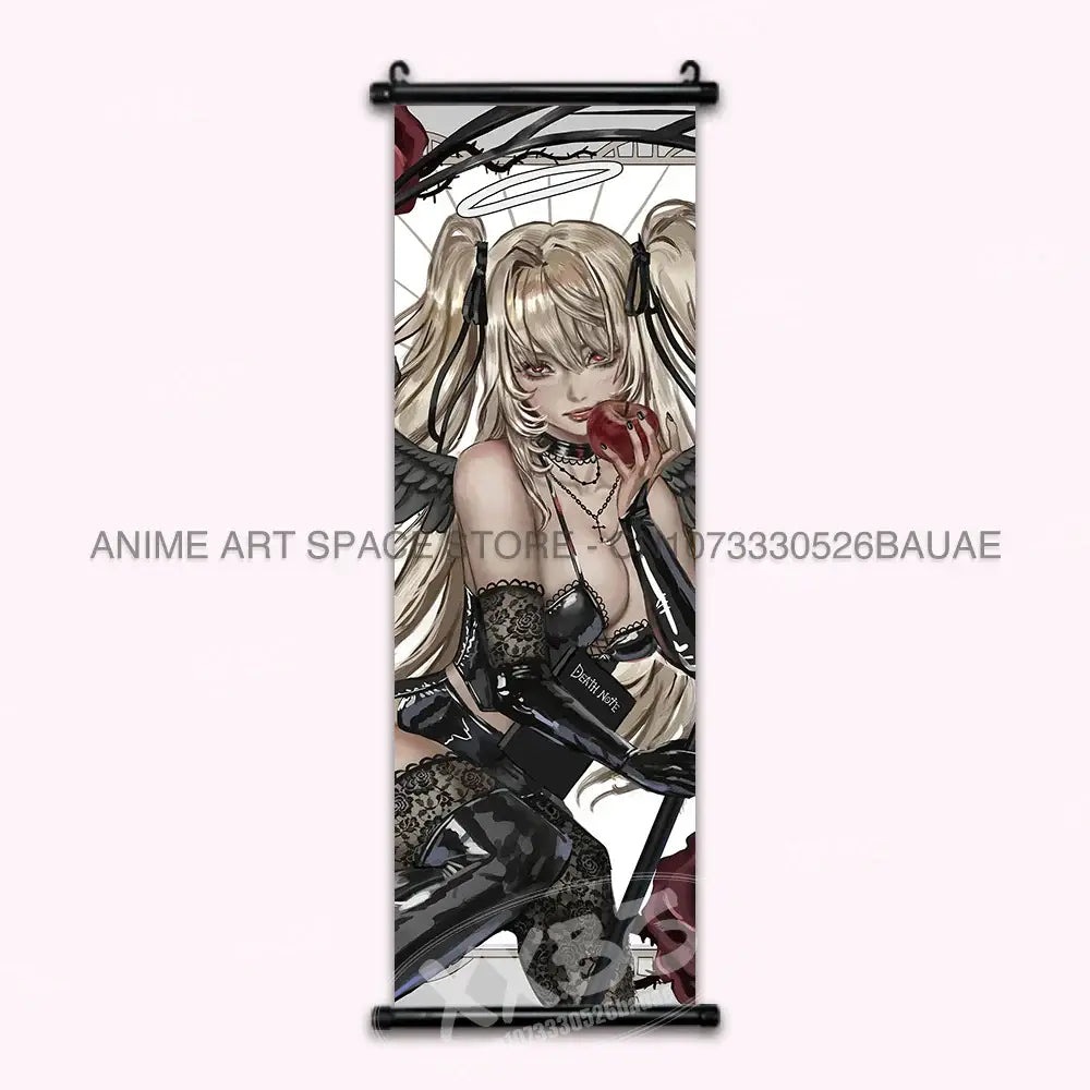 Black and beige death note wall scroll featuring a figure with twin ponytails lace gloves and wings for home decor
