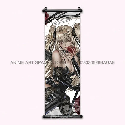 Black and beige death note wall scroll featuring a figure with twin ponytails lace gloves and wings for home decor