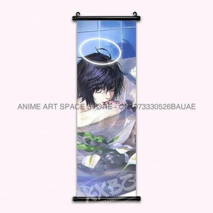 Death note light ryuk wall scroll featuring dark hair character with glowing halo in soft blue tones for home decor