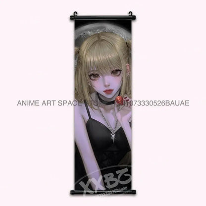 Black anime-style death note wall scroll featuring blonde-haired character in black dress with silver necklace for home decor